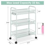 TOOLF 3-Tier Metal Rolling Cart, Mesh Wire Easy Assemble Utility Cart, Storage Trolley on Wheels with 3 Hooks, MetalStorage Shelving Units for Kitchen Bathroom Laundry Room - Retail: $28