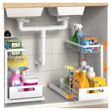 2 Pack Under Sink Organizer Storage 2-Tier Premium Metal Pull-Out Racks, Height Adjustable, Easy Installation | Kitchen & Bathroom Organizers White - Retail: $43
