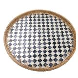 Abyjifar 13.8\" Round Rattan Serving Tray with Mother of Pearl Inlay, Handwoven Coffee Table Boho Decor Basket for Bread Fruit Food Kitchen Home Office (Checkerboard) - Retail: $30