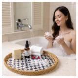 Abyjifar 13.8\" Round Rattan Serving Tray with Mother of Pearl Inlay, Handwoven Coffee Table Boho Decor Basket for Bread Fruit Food Kitchen Home Office (Checkerboard) - Retail: $30