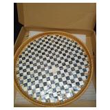 Abyjifar 13.8\" Round Rattan Serving Tray with Mother of Pearl Inlay, Handwoven Coffee Table Boho Decor Basket for Bread Fruit Food Kitchen Home Office (Checkerboard) - Retail: $30