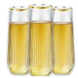 ROIMEE VONT 48 Pack Stemless Plastic Champagne Flutes Disposable 9 Oz Clear Plastic stripe Champagne Glasses Mimosa Glasses with Gold Rim Unbreakable for Party Wedding Birthday (Heavy Duty) - Retail: 