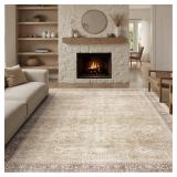 DCX Machine Washable Brown and Beige Area Rug 9x12, Non Slip Stain Resistant Vintage Rug for Living Room Bedroom Nursery, Soft Low Pile Large Carpet - Retail: $85