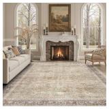 DCX Machine Washable Brown and Beige Area Rug 9x12, Non Slip Stain Resistant Vintage Rug for Living Room Bedroom Nursery, Soft Low Pile Large Carpet - Retail: $85