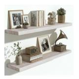 Vivelove Elm Wood Long Floating Shelves for Wall, 36 inches x 8" Deep Wooden Shelves, for Living Room Bedroom Kitchen Bathroom Office, Rustic Farmhouse Decor, Set of 2 - Distressed Washed White