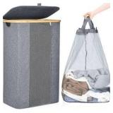 ELONG HOME Laundry Basket, 100L Grey Collapsible Laundry Baskets with Removable Liner and Bamboo Handle, Laundry Basket with Lid for Bathroom, Bedroom & Laundry Room