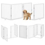 Vantas Folding No-Assembly Metal Pet Gate 80\" Wide, 24\" Extra Tall Dog Gate with Door Walk Through, Freestanding Accordion Puppy Gate Dog Door for Indoor & Outdoor, with 2PCS Support - White