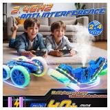 2-in-1 RC Car 4WD, Spray & LED, 360 Flips, Blue, Ages 8-12