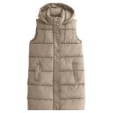 Long Vest for Women Sleeveless Zip-up Puffer with Hood