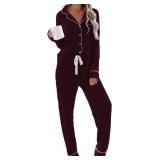 Size Large- Womens Pajamas Set Soft Sleepwear Button Shirt & Pants (DARK WI