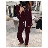 Size Large- Womens Pajamas Set Soft Sleepwear Button Shirt & Pants (DARK WI