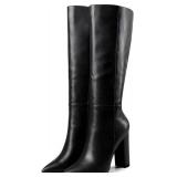 $98 LeaHy Womens High Heel Boots PU Leather Side Zip Thigh High