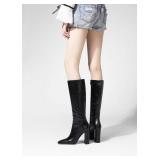$98 LeaHy Womens High Heel Boots PU Leather Side Zip Thigh High