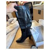$98 LeaHy Womens High Heel Boots PU Leather Side Zip Thigh High