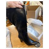 $98 LeaHy Womens High Heel Boots PU Leather Side Zip Thigh High