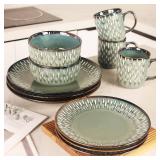 $69 Dinnerware Sets 16 Pieces - Round Reactive Glaze Tableware for 4, BLUE.