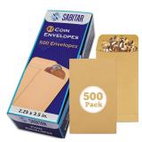 #1 Coin Envelopes Durable Kraft 2.25x3.5, 500 Pcs Small Key Envelope with Gummed Flap, Seed Envelopes for Storing Seeds, Tip Envelope for Cash