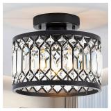 Wuhuyipi Crystal Black Ceiling Lights 9 Inch Modern Semi Flush Mount Ceiling Light Fixture,Farmhouse Rustic Chandelier for