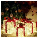 Christmas Decorations, Set of 3 Christmas Lighted Gift Boxes, Battery Operated Xmas Present Boxes, Warm White LED with Bows for Indoor Christmas Tree, Yard, Home Decor
