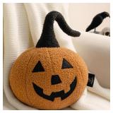 Phantoscope Happy Halloween Pumpkin Shaped Throw Pillow, Teddy Fleece Jack-o-Lantern Pumpkin Pillow, Ultra Soft Sherpa Fall Decorative Halloween Cushion Pillow, Orange, 9.5 x 9.5 inches