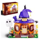 Halloween Pumpkin House Building Kit, Whimsical Halloween Building Set Decor with Adorable Ghost and Pumpkin Toys, Cute Halloween Party Gift, Halloween Building Bricks Compatible with Lego