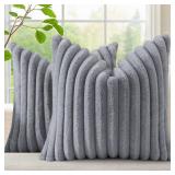 decorUhome Faux Fur Throw Pillow Covers 18x18 Set of 2, Decorative Soft Plush Striped Neutral Couch Euro Pillow Covers with Velvet Back for Sofa, Bed, Living Room Home Decor, Grey
