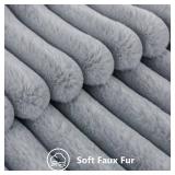 decorUhome Faux Fur Throw Pillow Covers 18x18 Set of 2, Decorative Soft Plush Striped Neutral Couch Euro Pillow Covers with Velvet Back for Sofa, Bed, Living Room Home Decor, Grey