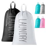 Travel Laundry Bag - 2-Pack - Fun Print Design Bags for Dirty Clothes, Extra Large Capacity, Durable Water Resistant Fabric, Sturdy Drawstring Closure (Black-White | Laundry)