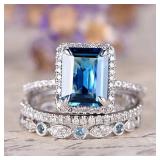 RKKOJJO 925 Sterling Silver Ring 3 Piece Set Engagement Ring Cubic Zirconia Ring Gemstone Rings Blue Diamond Ring Statement Ring Eternity Band Wedding Rings for Women Size 8