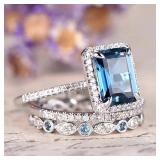 RKKOJJO 925 Sterling Silver Ring 3 Piece Set Engagement Ring Cubic Zirconia Ring Gemstone Rings Blue Diamond Ring Statement Ring Eternity Band Wedding Rings for Women Size 8