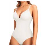 LODAY Shapewear Bodysuits for Women Deep V Neck Body Suit with Built in Bra White,XL