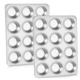P&P CHEF Muffin Pan Cupcake Baking Pan Set, Stainless Steel Muffin Tin Tray for Mini Cake Tart Quiche, Oven & Dishwasher Safe, Non-toxic & Heavy-duty, (12 Cup, 2Pcs)