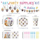 MultiPCS Cat Birthday Decorations Cat Birthday Party Supplies - Includes Plates, Napkins, Cups, Cutlery, Banner, Hanging Swirl for Cat Birthday Party Decorations, Serves 24