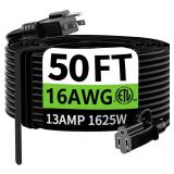 HUANCHAIN Indoor Outdoor Black Extension Cord 50 ft Waterproof, 16/3 Gauge Flexible Resistant Appliance Extension Cord Outside, 13A 1625W 16AWG SJTW, 3 Prong Heavy Duty Electric Cable, ETL Listed