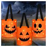 Sadnyy 1 Pcs Halloween Trick or Treat Bags Light up for Kids Pumpkin Candy Bucket LED Halloween Treating Baskets Reusable Goody Tote Bag for Party Favor Supplies(Orange)