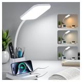 GOLSPARK Desk Lamp with Wireless Charger, LED Desk Lamps for Home Office Eye-Caring CRI 90, 3 Color Modes, Stepless Dimming Touch Table Lamp, Study Small White Lamp with Pen Holder for College Dorm