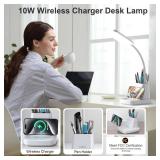 GOLSPARK Desk Lamp with Wireless Charger, LED Desk Lamps for Home Office Eye-Caring CRI 90, 3 Color Modes, Stepless Dimming Touch Table Lamp, Study Small White Lamp with Pen Holder for College Dorm