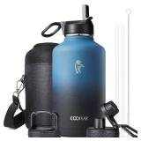 Half Gallon Water Bottle Insulated with Straw & 3 Lids, Coolflask 64 oz Water Jug Large Metal Stainless Steel Wide Mouth for Sports, Gym or Office, Non-BPA Keep Cold 48H Hot 24H, Samurai Cyan