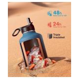 Half Gallon Water Bottle Insulated with Straw & 3 Lids, Coolflask 64 oz Water Jug Large Metal Stainless Steel Wide Mouth for Sports, Gym or Office, Non-BPA Keep Cold 48H Hot 24H, Samurai Cyan