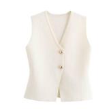 FindThy Womens Cropped Knit Vest V Neck Button Up Solid Color Sleeveless Gilet Tank Tops(4081-Beige-XS-LB)