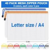 Jumlys Mesh Zipper Pouch Bags, A4 Mesh Bags with Zipper in 8 Color, Waterproof Zipper Pouches for Organization, Plastic Zippers Bag for Classroom & Office, Ideal Back to School Supplies