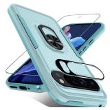 Janmitta for Google Pixel 9/9 Pro Case with Screen Protector+Camera Lens Protector,Heavy Duty Shockproof Full Body Phone Cover Built in Metal Ring Holder Kickstand,2024 Mint Green