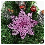 TURNMEON 24 Pack 6 Inch Pink Christmas Glitter Poinsettia Artificial Silk Flowers Picks Christmas Tree Ornaments for Pink Christmas Tree Wreaths Garland Holiday Decoration (Pink)