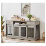 IchbinGo Large Dog Crate Furniture With Sliding Barn Door, 66.1\" Wooden Kennel Indoor With Divider, TV Stand XXL for Large Dog or 2 Medium Dogs
