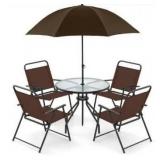 6-Piece Outdoor Dining Set Folding Chairs Glass Tabletop with Coffee Umbrella