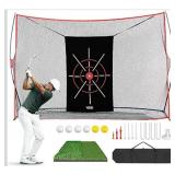 10x7ft Golf Practice Net and Mat, Target Cloth, 7 Tees, 6 Balls, Hiting Nets for Backyard Driving Indoor Outdoor Use, Golf Gifts for Men Dad Golfer
