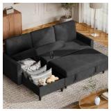 Vongrasig Pull Out Couch, Convertible Sleeper Sofa Bed with Storage, L-Shaped Sofa Bed with Storage Chaise Linen Fabric for Living Room, Apartment, Small Space, Black