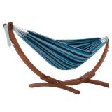 Vivere Double Cotton Hammock with Solid Pine Arc Stand - Blue Lagoon (8ft) (FSC Certified)