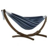 Vivere Double Cotton Hammock with Solid Pine Arc Stand - Blue Lagoon (8ft) (FSC Certified)