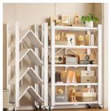 JOYBOS 5 Tier White Foldable Storage Shelves with Wheels,Heavy Duty Metal Storage Shelving Unit Rolling Cart,No Assembly Utility Shelf Rack Organization Shelves for Garage Kitchen,Basement